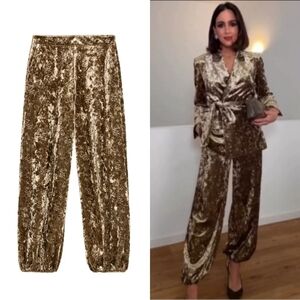 ZARA VELVET METALLIC THREAD BALLOON PANTS